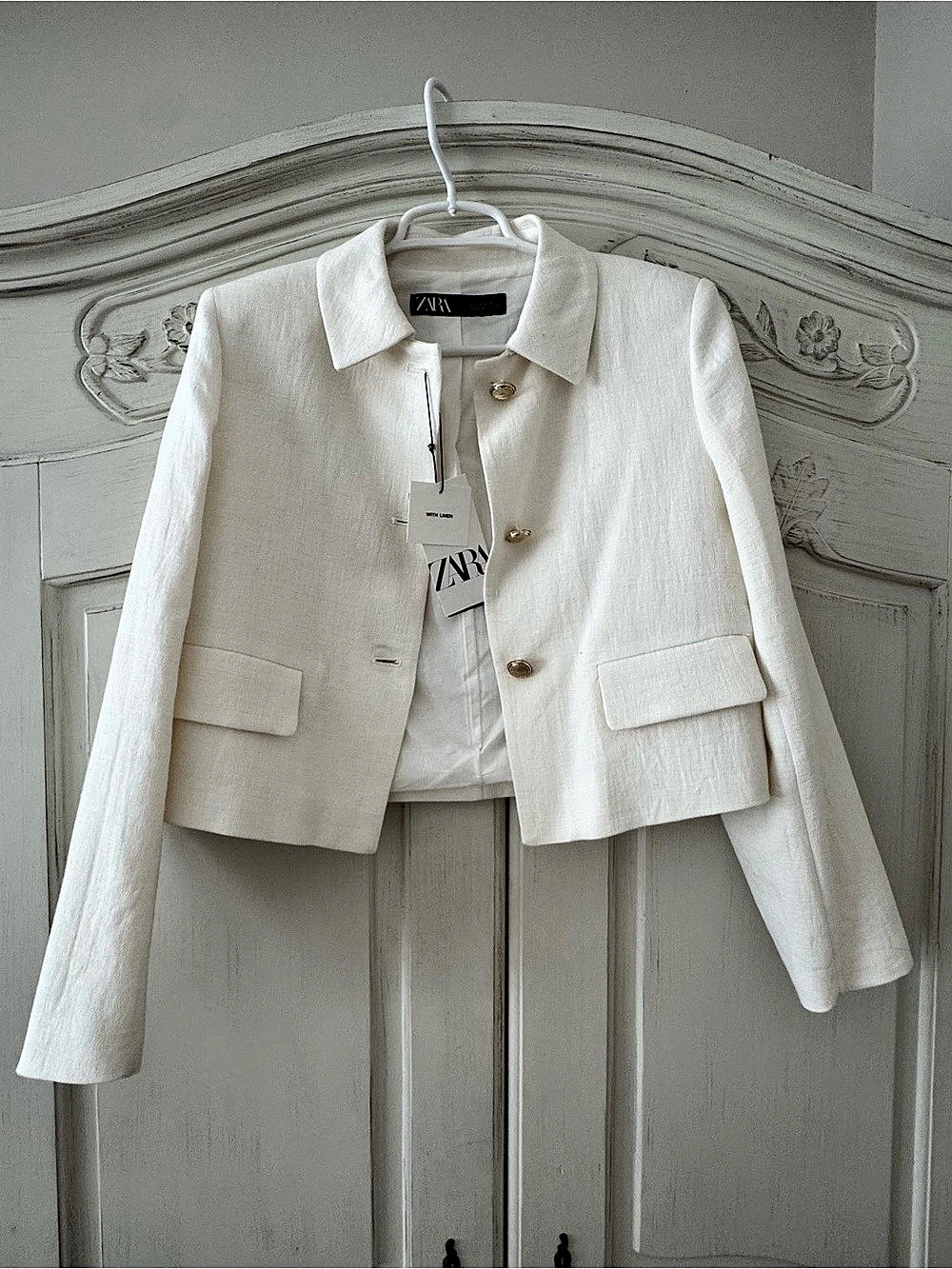 Zara Linen & Cotton Blazer Cropped Off White Size Small NWT